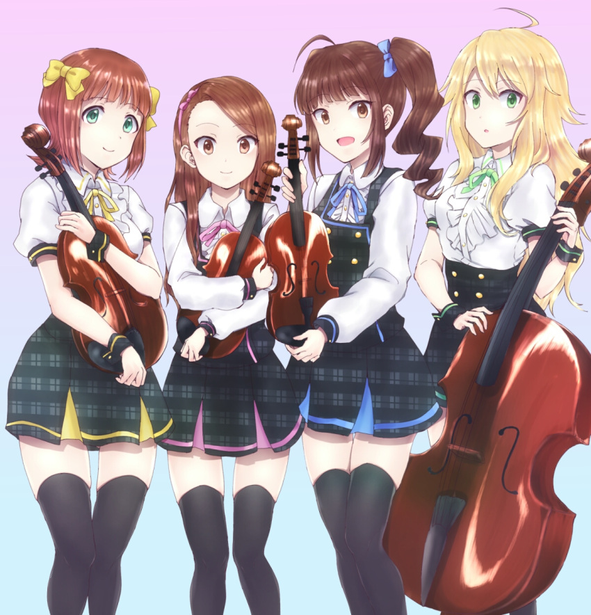 4girls :d ahoge amami_haruka aqua_eyes black_legwear black_skirt blonde_hair blue_bow bow brown_eyes brown_hair cello character_request hair_bow highres hoshii_miki idolmaster idolmaster_million_live! instrument looking_at_viewer minase_iori mogemoge00 multiple_girls open_mouth school_uniform short_hair skirt smile standing thigh-highs unmoving_pattern viola_(instrument) violin wristband yellow_bow