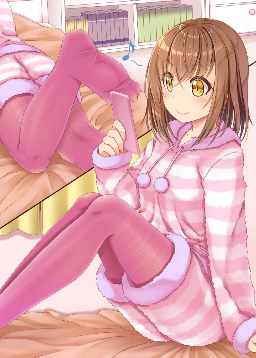 1girl arm_at_side ashida_machi bed bed_sheet blush book brown_hair cellphone closed_mouth comic drawstring eyebrows_visible_through_hair foreshortening from_behind gurande_(g-size) happy highres holding holding_phone indoors knees_up leg_up long_sleeves looking_at_phone musical_note on_bed original out_of_frame pajamas pantyhose phone pink_legwear pom_pom_(clothes) quaver shelf short_hair silent_comic sitting sleeves_past_wrists smartphone soles striped tareme yellow_eyes