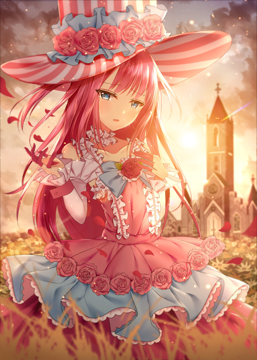 1girl absurdres backlighting bangs blue_eyes blush church clouds collar collarbone cowboy_shot crying crying_with_eyes_open detached_collar detached_sleeves dress eyebrows_visible_through_hair fate/grand_order fate_(series) flower frilled_collar frilled_dress frills hand_on_own_chest hat hat_flower highres junpaku_karen lancer_(fate/extra_ccc) layered_dress light_particles long_hair looking_at_viewer meadow nail_polish outdoors parted_lips petals pink_dress pink_hair pink_hat pink_nails pink_rose red_rose rose sad sleeveless sleeveless_dress solo steeple striped_hat sunset tears top_hat tower