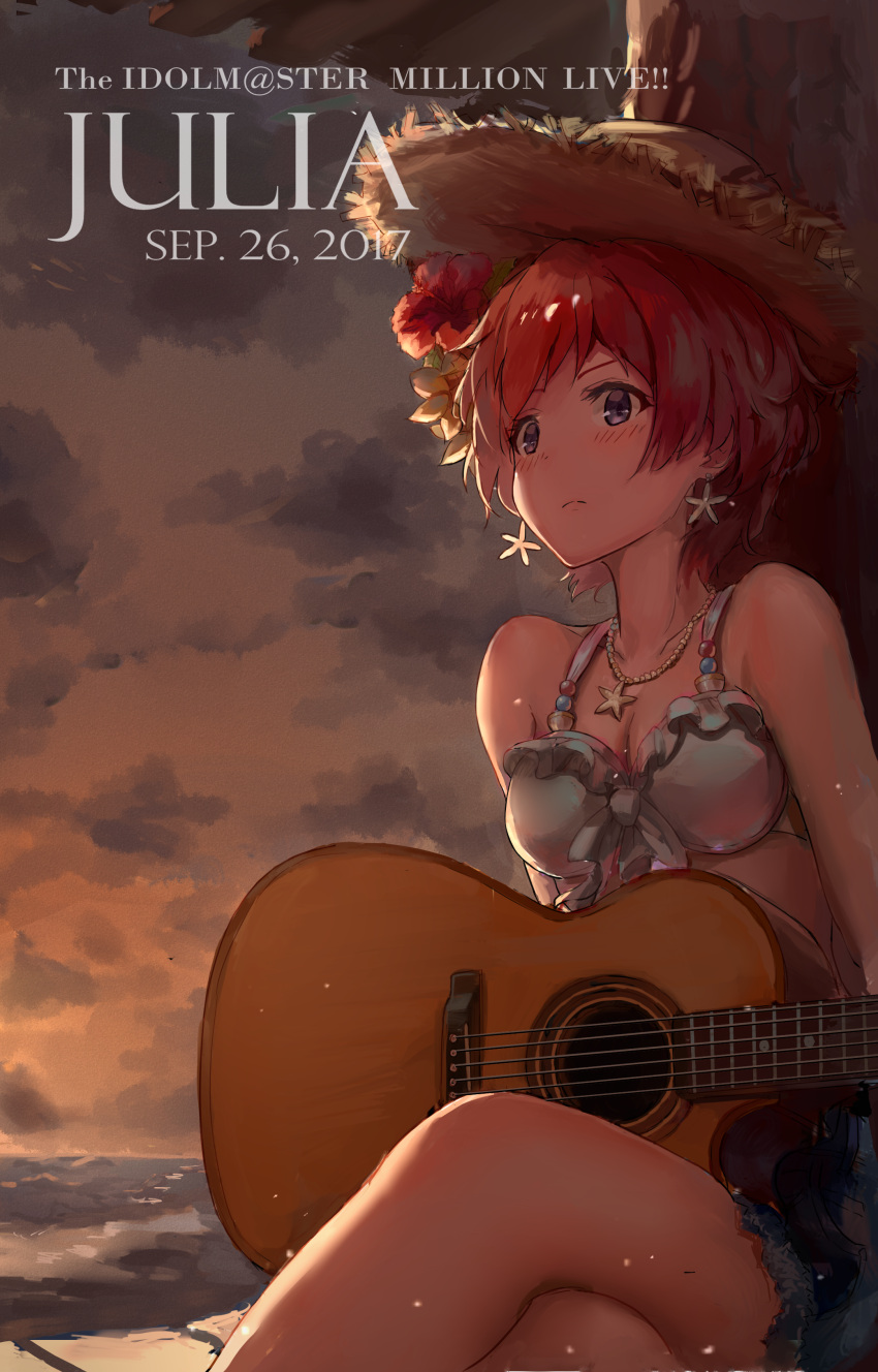1girl absurdres acoustic_guitar bare_arms bare_shoulders blue_eyes blush breasts brown_hat character_name cleavage closed_mouth clouds cloudy_sky collarbone commentary copyright_name dated earrings flower frilled_bikini_top front-tie_bikini front-tie_top guitar hat hibiscus highres horizon idolmaster idolmaster_million_live! instrument jewelry julia_(idolmaster) legs_crossed madogiwa_(ran5) medium_breasts necklace ocean outdoors pendant redhead short_hair sitting sketch sky solo straw_hat tareme thighs twilight white_bikini_top