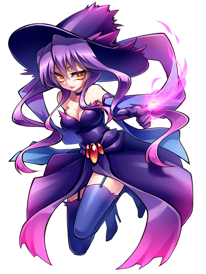 1girl bare_shoulders breasts cleavage garter_straps gloves hat high_heels highres lipstick long_hair looking_at_viewer makeup medium_breasts mismagius personification pointing pointing_at_viewer pokemon purple_choker purple_gloves purple_hair purple_hat purple_legwear purple_lipstick purple_shoes shoes solo ueno_tsuki witch_hat yellow_eyes