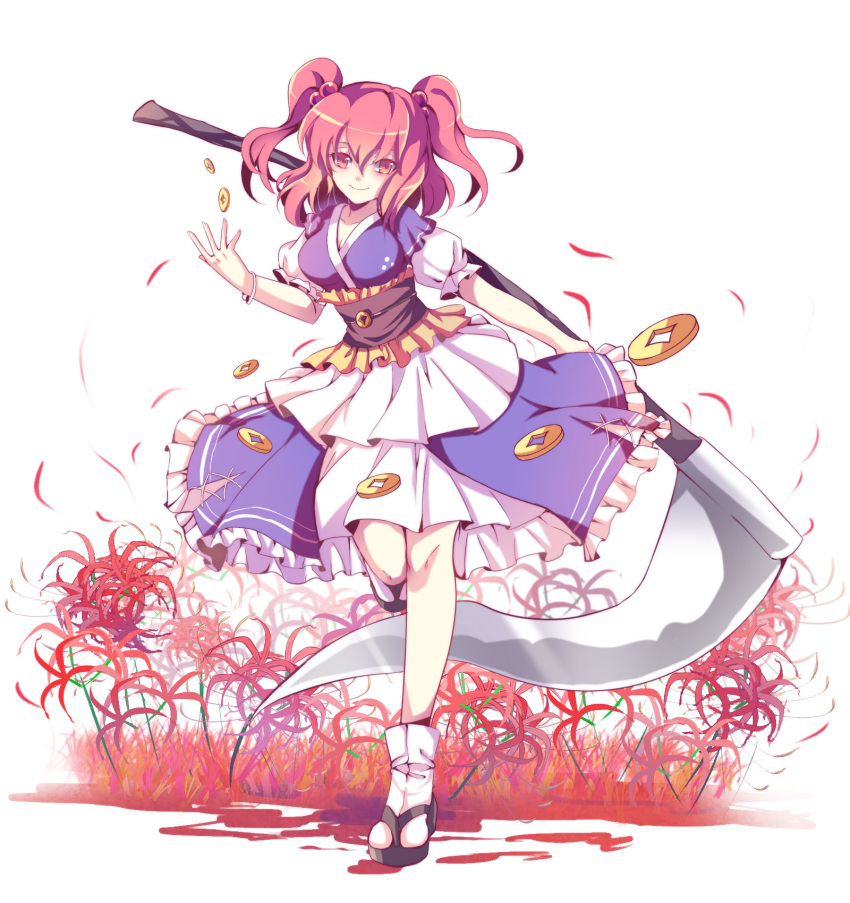 1girl bangs blush breasts clog_sandals closed_mouth coin flower full_body hair_bobbles hair_ornament highres japanese_clothes large_breasts nga_(artist) onozuka_komachi puffy_short_sleeves puffy_sleeves red_eyes redhead scythe short_sleeves smile solo spider_lily standing tabi touhou two_side_up