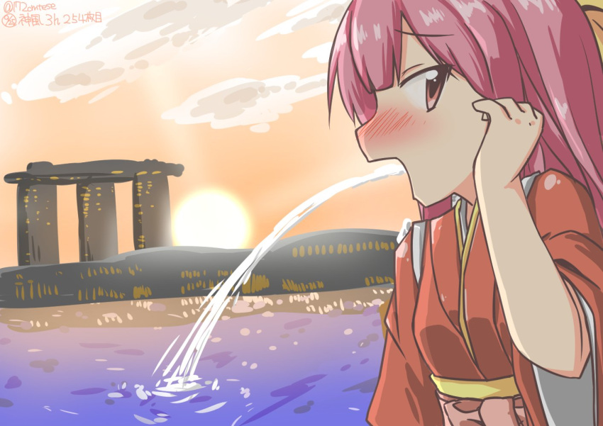 10s 172cm 1girl bow building character_name forced_perspective hair_bow hakama japanese_clothes kamikaze_(kantai_collection) kantai_collection kimono long_hair looking_at_viewer marina_bay_sands meiji_schoolgirl_uniform open_mouth orange_sky pink_hakama purple_hair red_kimono singapore sky solo sunset twitter_username upper_body violet_eyes water yellow_bow