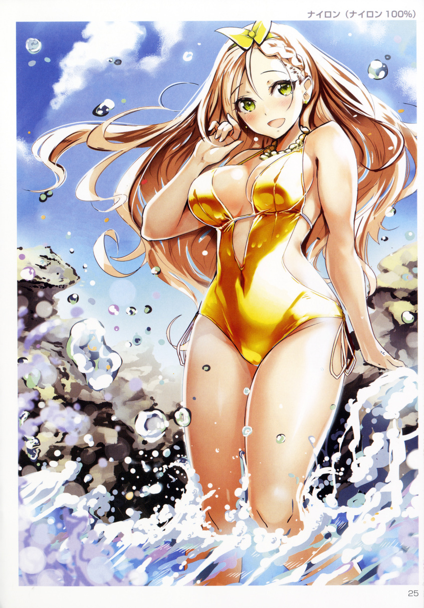 1girl absurdres artist_name bare_shoulders blonde_hair blush covered_navel day earrings green_eyes highres jewelry long_hair looking_at_viewer necklace nylon one-piece_swimsuit open_mouth outdoors partially_submerged scan sky solo standing swimsuit toranoana water