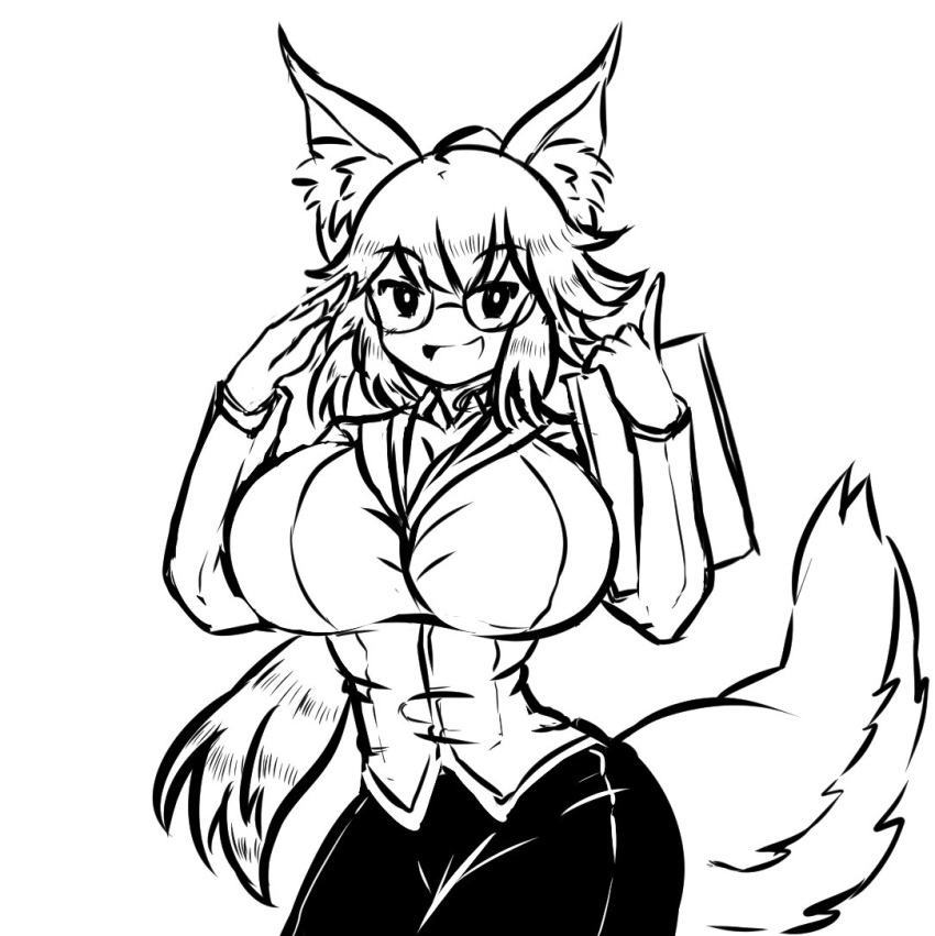 10s 1girl alternate_breast_size animal_ears breasts cleavage fate/extra fate_(series) fox_ears fox_tail glasses huge_breasts impossible_clothes impossible_shirt invader long_ponytail ponytail shirt skirt tail tamamo_(fate)_(all) tamamo_no_mae_(fate)