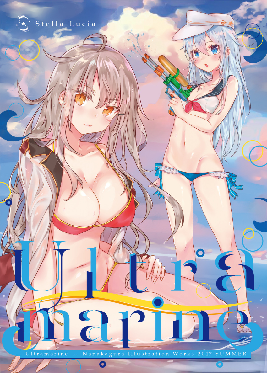 10s 2girls arm_support bangs bare_legs bikini blue_eyes blue_hair breasts cleavage closed_mouth clouds cloudy_sky cover cover_page day doujin_cover eyebrows_visible_through_hair finger_on_trigger gangut_(kantai_collection) gluteal_fold grey_hair hair_between_eyes hair_ornament hairclip hat hibiki_(kantai_collection) highres jacket_on_shoulders kantai_collection large_breasts long_hair looking_at_viewer lowleg lowleg_bikini multiple_girls nanakagura navel open_mouth orange_eyes outdoors red_bikini sailor_bikini sailor_collar sandals side-tie_bikini sitting sky small_breasts soaking_feet standing swimsuit tsurime verniy_(kantai_collection) wading water_gun