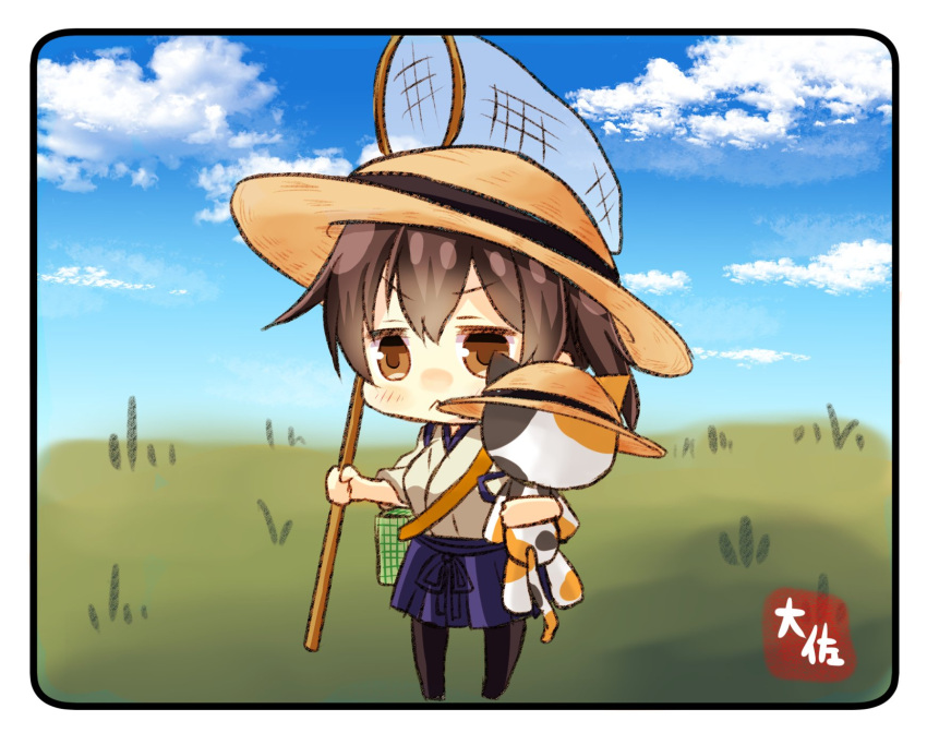 10s 1girl black_legwear blue_skirt blue_sky brown_eyes brown_hair butterfly_net chibi clouds commentary_request grass hakama_skirt hand_net hat highres insect_cage japanese_clothes kaga_(kantai_collection) kantai_collection outdoors short_hair shoulder_strap side_ponytail skirt sky solo straw_hat stuffed_animal stuffed_cat stuffed_toy sun_hat taisa_(kari) tasuki