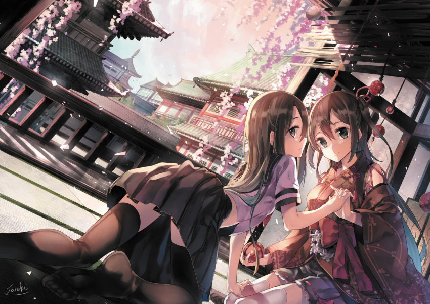 2girls all_fours black_legwear black_skirt blush breasts brown_eyes brown_hair closed_mouth eyebrows_visible_through_hair highres long_hair looking_at_viewer looking_back medium_breasts multiple_girls original saraki seiza sitting skirt small_breasts smile thigh-highs white_legwear