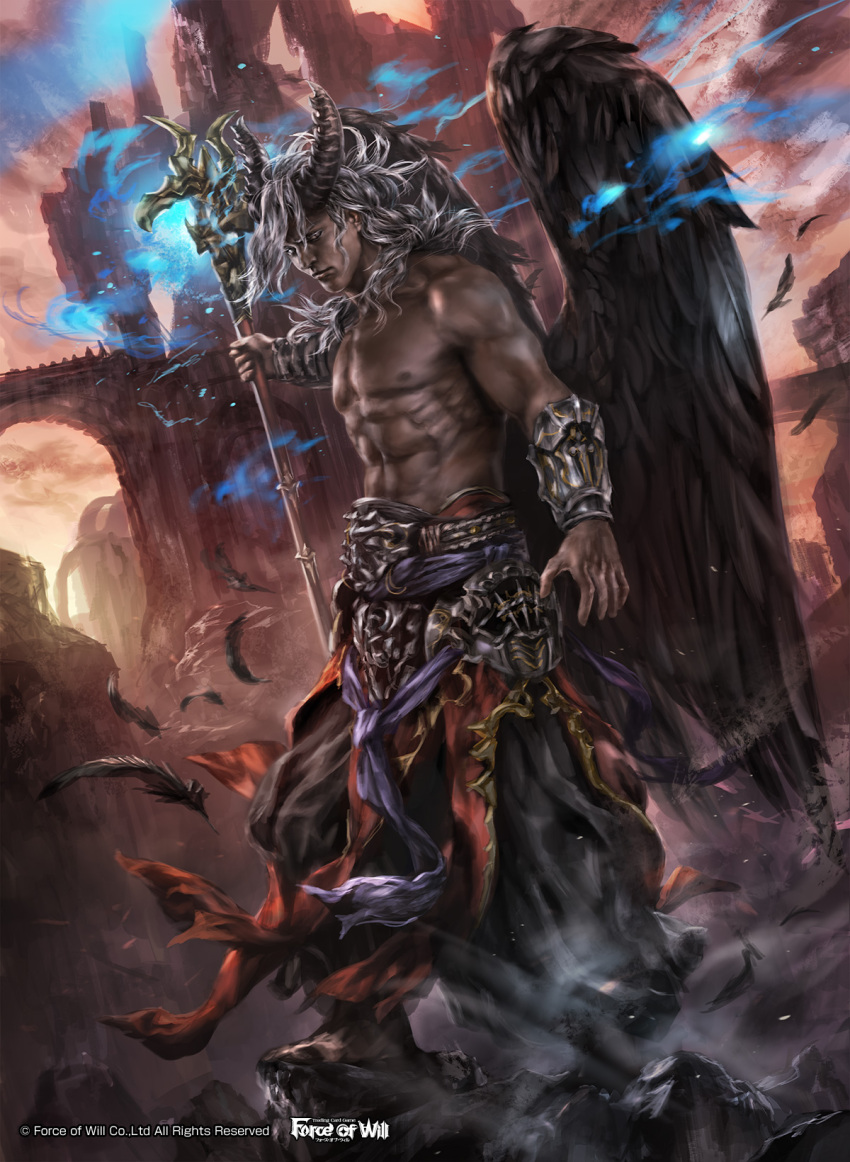 1boy abs barefoot copyright_name dark_skin demon_horns feathered_wings feathers force_of_will grey_eyes grey_hair highres horns long_hair mad_(artist) male_focus navel official_art rock shirtless solo staff wings