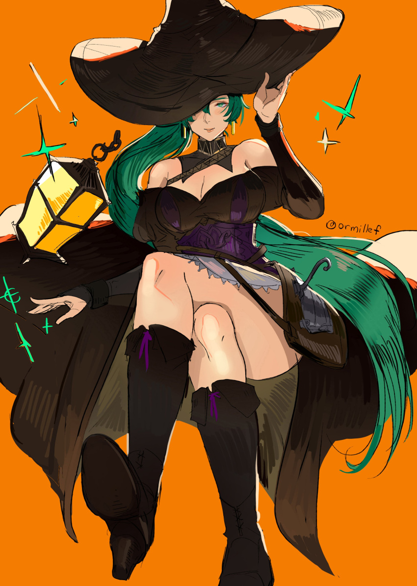 1girl absurdres blush boots bow breasts dotentity dress fire_emblem fire_emblem:_rekka_no_ken fire_emblem_heroes gloves green_eyes green_hair halloween hat hat_bow high_heel_boots high_ponytail highres intelligent_systems jewelry long_hair lyndis_(fire_emblem) nintendo parted_lips ponytail smile solo super_smash_bros. very_long_hair weapon witch witch_hat