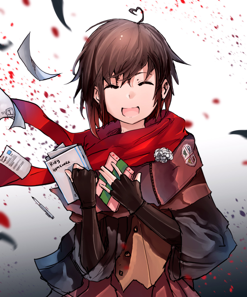 1girl anonamos closed_eyes happy highres homework roosterteeth ruby_rose rwby smile solo valentine wind