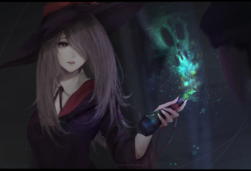 1girl absurdres aoi_ogata artist_name black_hat black_ribbon brown_hair hair_over_one_eye hat hat_ribbon highres holding little_witch_academia long_hair neck_ribbon parted_lips red_eyes red_ribbon ribbon shirt solo standing sucy_manbavaran upper_body white_shirt witch_hat