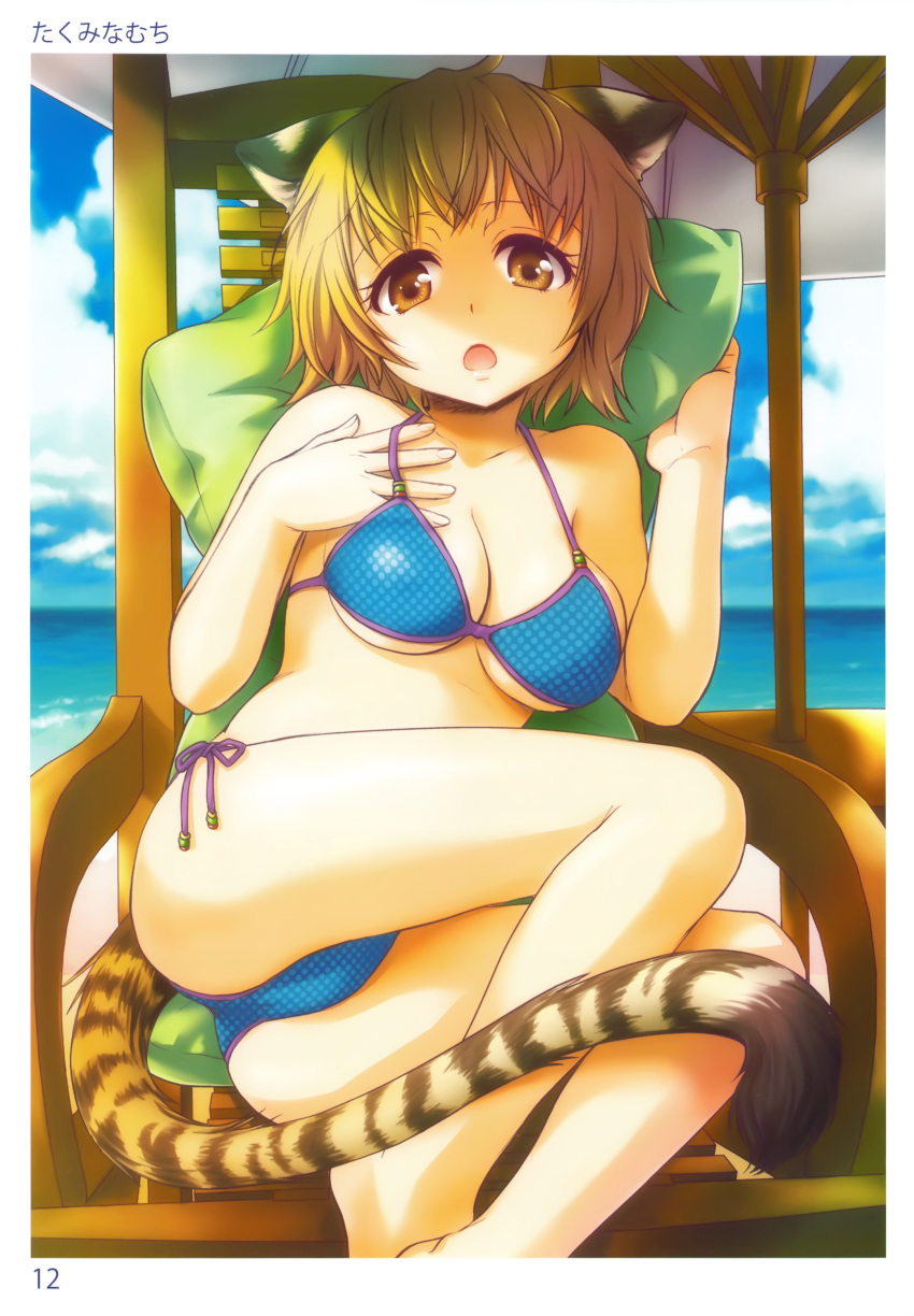 1girl absurdres animal_ears artist_name ass bangs bare_legs bare_shoulders beach_chair beach_umbrella bikini breasts brown_eyes brown_hair cat_ears cat_tail cleavage clouds collarbone day highres looking_at_viewer medium_breasts ocean open_mouth outdoors pillow scan short_hair side-tie_bikini sitting sky solo swimsuit tail takumi_namuchi toranoana umbrella water