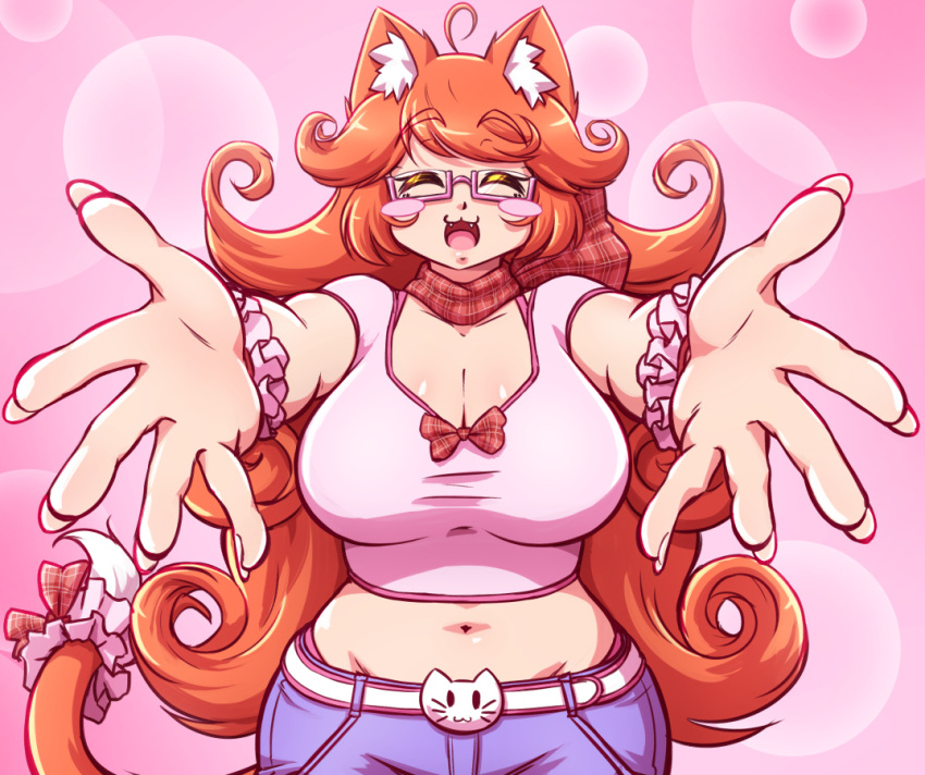 1girl :3 animal_ears belt blush_stickers breasts cat_ears cat_tail cleavage closed_eyes curly_hair denim fangs glasses imminent_hug jeans large_breasts long_hair mazume nail navel neck_ribbon open_mouth orange_hair original pants pink_background ribbon semi-rimless_glasses smile tail