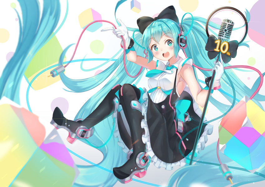 1girl absurdly_long_hair absurdres bare_shoulders black_legwear blue_eyes blue_hair blush breasts eyebrows_visible_through_hair gloves hatsune_miku highres holding holding_microphone holmemee long_hair looking_at_viewer magical_mirai_(vocaloid) medium_breasts microphone open_mouth smile solo thigh-highs twintails very_long_hair vocaloid white_gloves