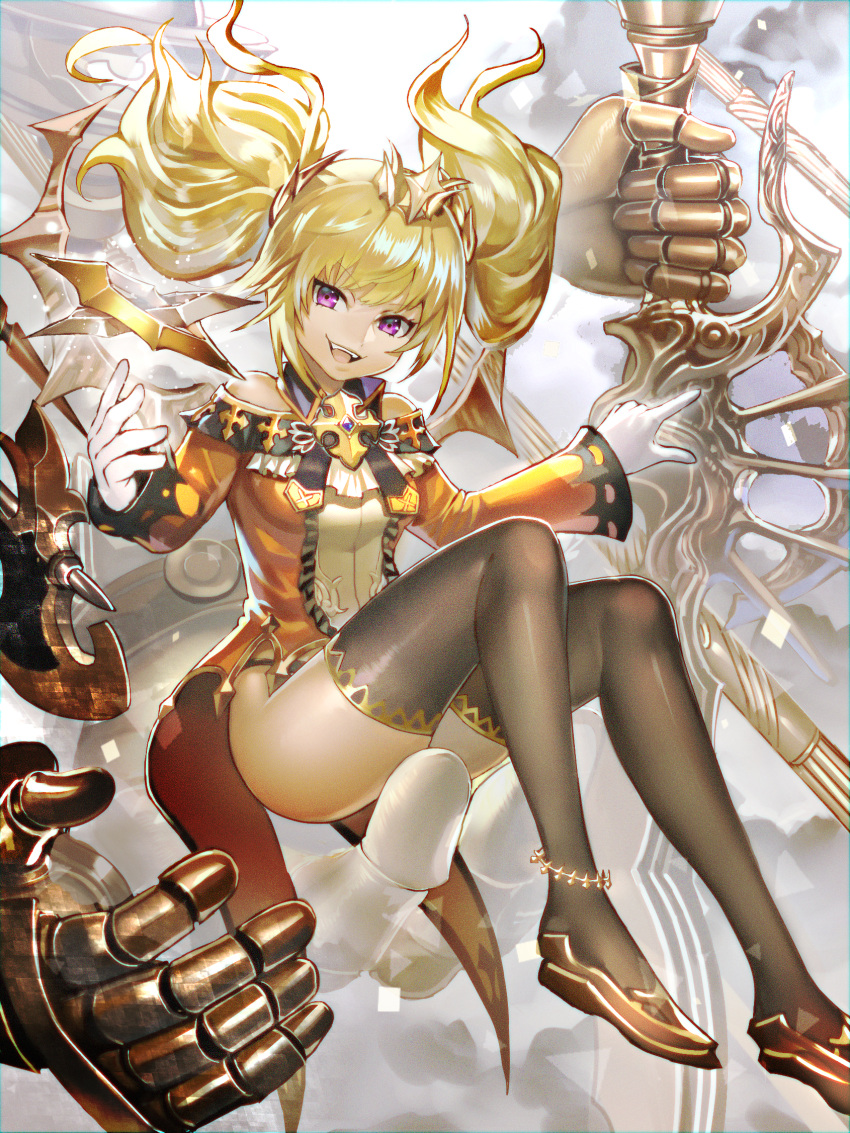 1girl anklet bangs bare_shoulders black_panties blonde_hair crown evil_smile fangs full_body gloves hands highres isaroishin jewelry looking_at_viewer mecha military_jacket mini_crown no_pants open_mouth original panties sitting sitting_on_hand smile solo thigh-highs twintails underwear violet_eyes weapon white_gloves