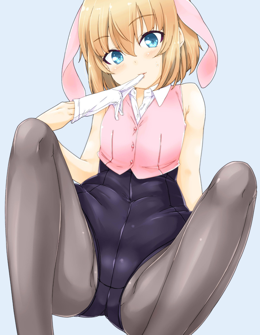 1girl animal_ears arm_support bangs black_legwear black_leotard blonde_hair blue_eyes bunnysuit closed_mouth collared_shirt commentary_request covered_navel eyebrows_visible_through_hair girls_und_panzer gloves grey_background groin highres itou_ayachi katyusha leaning_back leotard looking_at_viewer mouth_hold pantyhose pink_vest rabbit_ears shirt short_hair sitting solo sweat white_gloves white_shirt