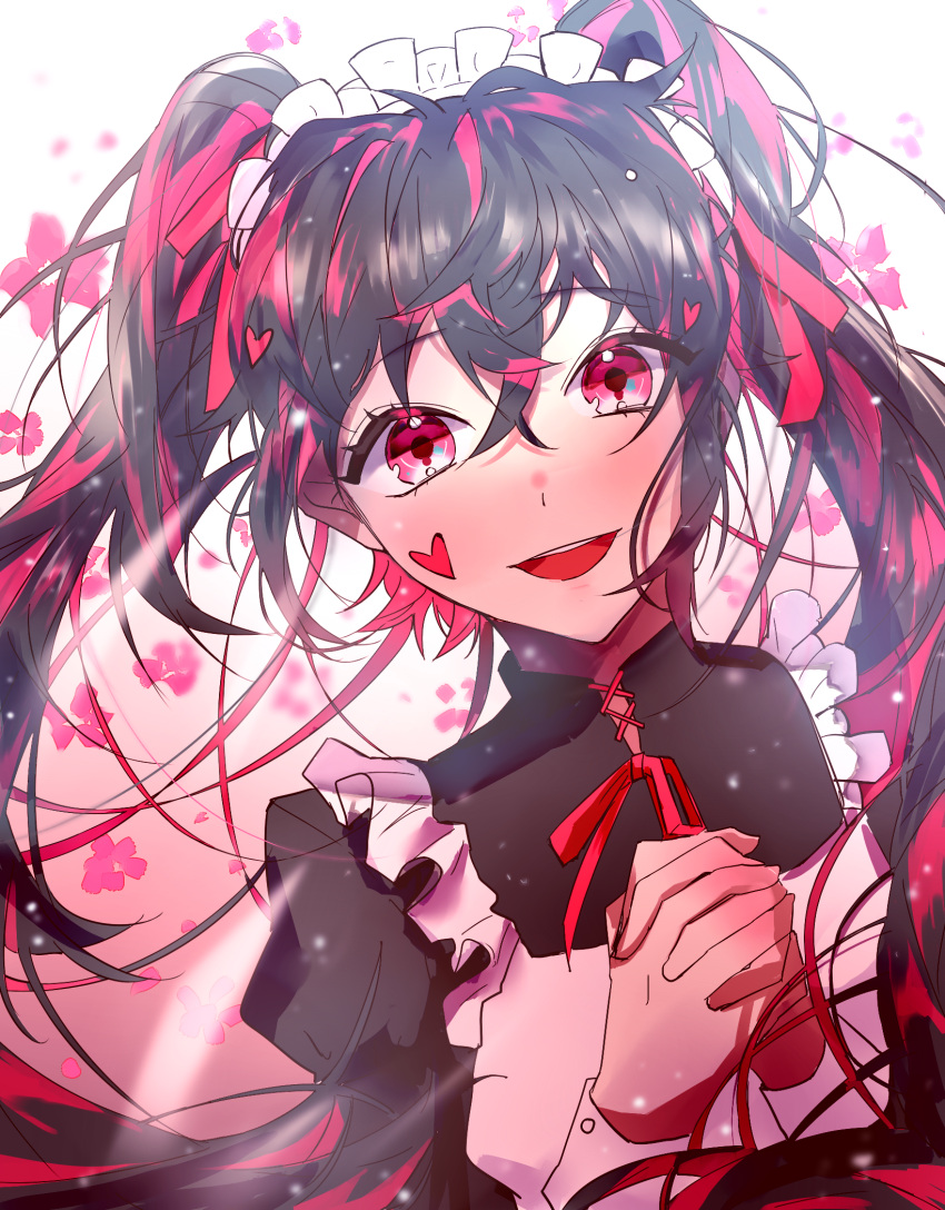 1girl :d black_hair black_shirt dutch_angle eyebrows_visible_through_hair floating_hair ggatip hair_between_eyes hands_clasped hatsune_miku highres long_hair looking_at_viewer maid_headdress multicolored_hair neck_ribbon open_mouth red_eyes red_flower red_ribbon redhead ribbon shirt smile solo twintails two-tone_hair upper_body vocaloid