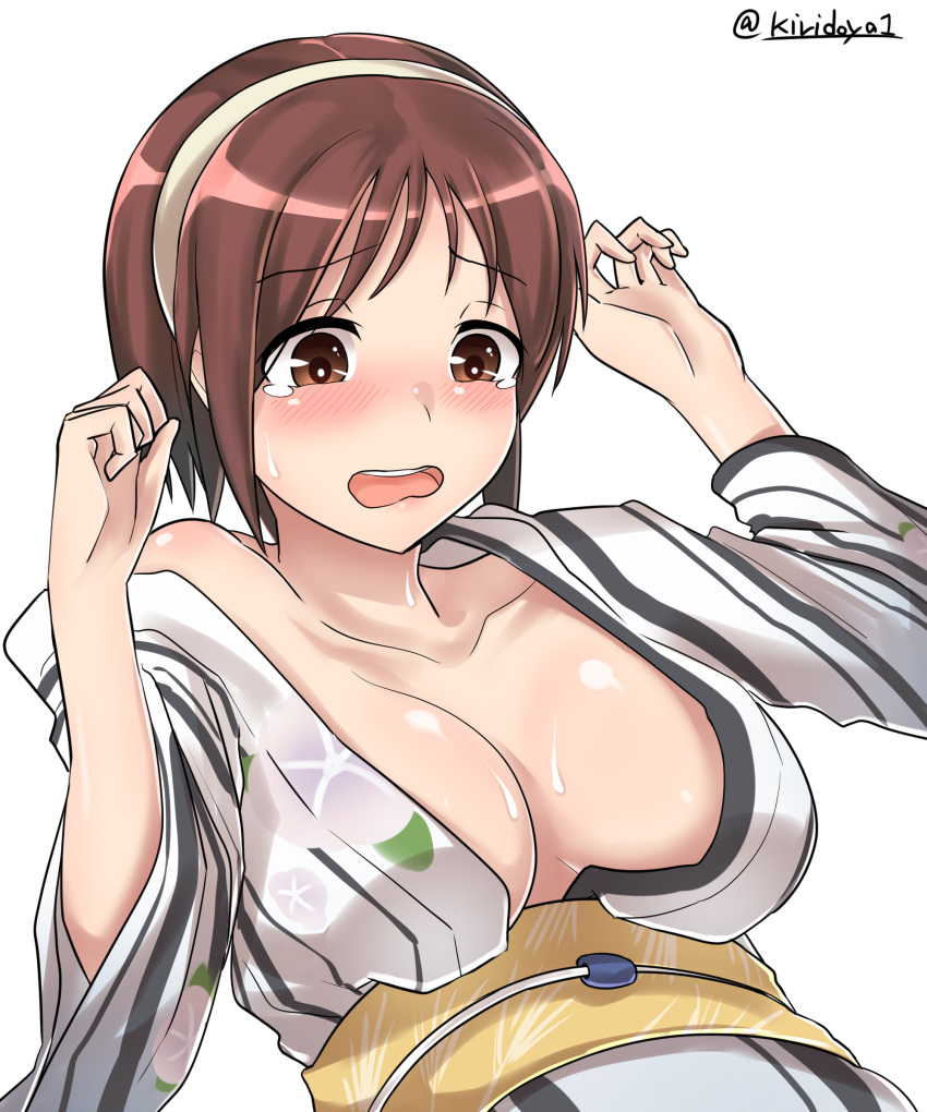 10s 1girl absurdres bangs blush breasts brown_eyes brown_hair cleavage collarbone crying crying_with_eyes_open eyebrows_visible_through_hair floral_print hairband headband highres japanese_clothes kantai_collection kimono kiritto large_breasts looking_down natori_(kantai_collection) obi open_mouth sash short_hair simple_background solo sweat sweatdrop tears twitter_username upper_body white_background yukata