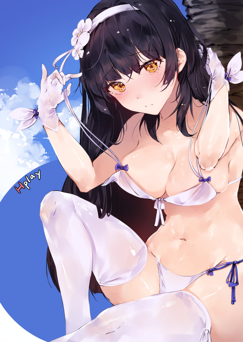 1girl arms_up artist_name bikini black_hair blue_ribbon blue_sky blush breast_lift breasts cleavage closed_mouth commentary_request day flower front-tie_top girls_frontline gloves hair_flower hair_ornament highres hplay large_breasts long_hair looking_at_viewer navel qbz-95_(girls_frontline) ribbon side-tie_bikini sitting sky solo swimsuit thigh-highs undressing untied untied_bikini very_long_hair white_bikini white_gloves white_legwear yellow_eyes