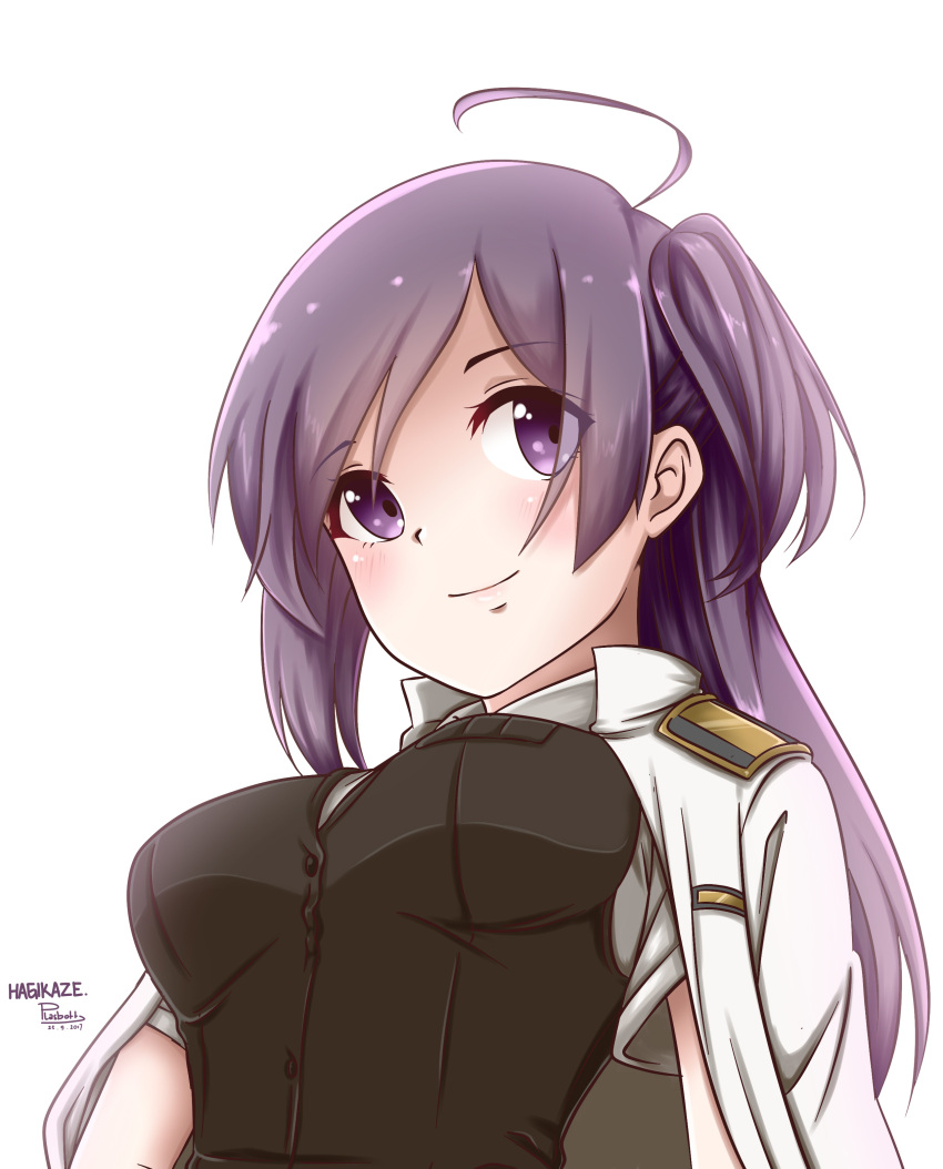 10s absurdres ahoge arms_at_sides bangs black_vest blouse blush borrowed_garments breasts character_name dated eyebrows_visible_through_hair hagikaze_(kantai_collection) highres jacket_on_shoulders kantai_collection looking_at_viewer medium_breasts plasbott purple_hair side_ponytail signature smile swept_bangs upper_body vest violet_eyes white_background white_blouse