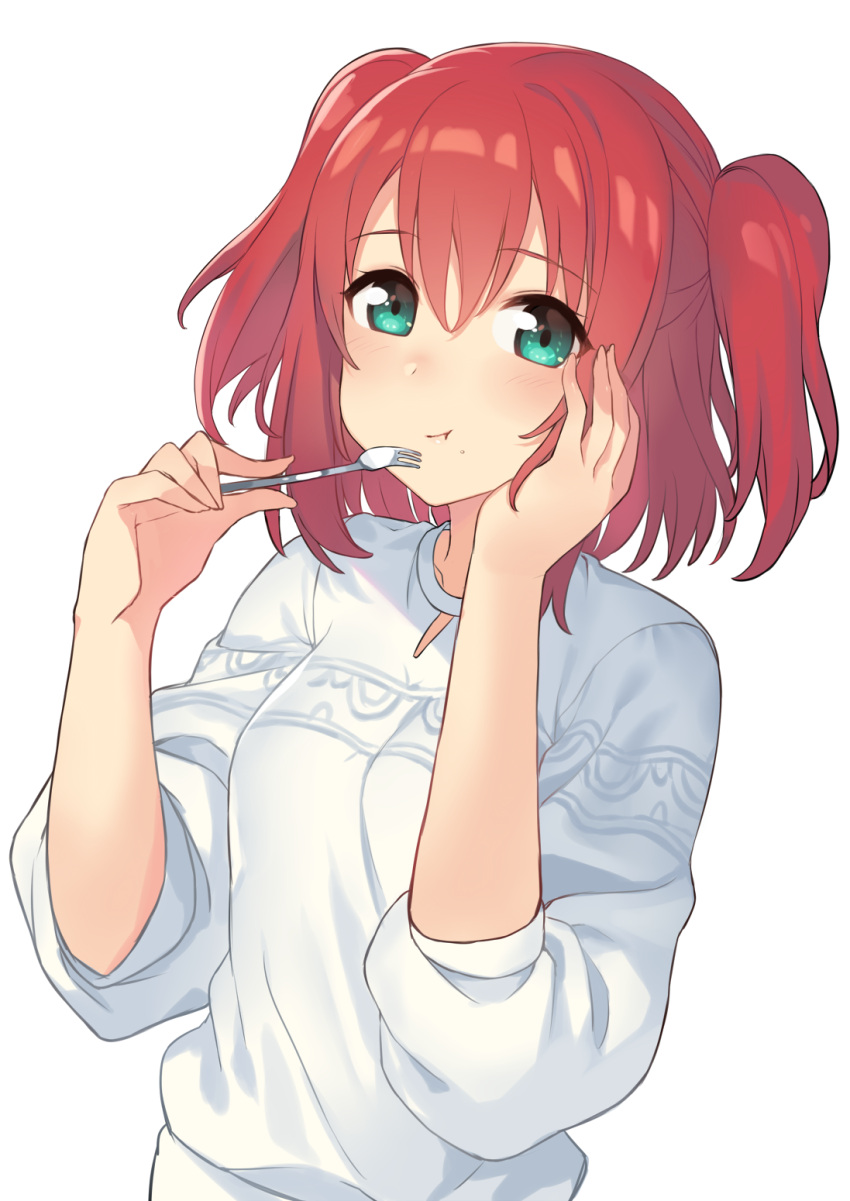 1girl :t bangs blush eating eyebrows_visible_through_hair fork green_eyes grey_background hair_between_eyes hajime_kaname hands_up highres holding holding_fork kurosawa_ruby looking_at_viewer love_live! love_live!_sunshine!! redhead sidelocks simple_background solo sweater tareme twintails upper_body white_sweater