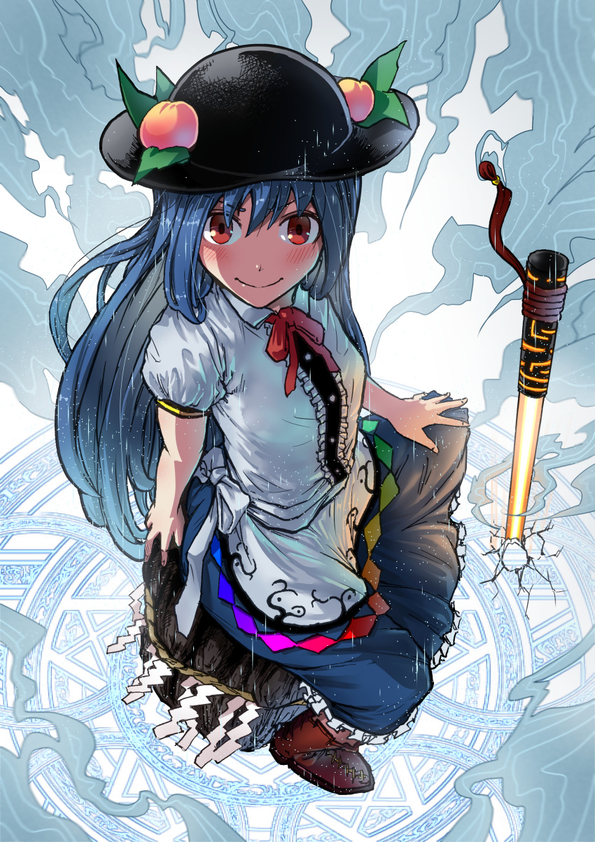 1girl absurdres black_hat blue_hair blue_skirt blush boots brown_footwear center_frills closed_mouth crack floating_rock food fruit gunjin_(aguran) hat highres hinanawi_tenshi keystone looking_at_viewer peach planted_sword planted_weapon red_eyes rock shirt short_sleeves sitting skirt smile solo sword sword_of_hisou touhou weapon white_shirt