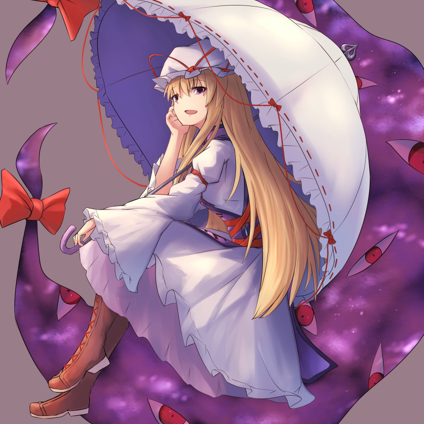 1girl blonde_hair boots brown_footwear commentary_request dress fen_zuo gap grey_background hat hat_ribbon highres juliet_sleeves long_hair long_sleeves looking_at_viewer mob_cap open_mouth puffy_sleeves red_ribbon ribbon sitting solo tabard touhou umbrella very_long_hair violet_eyes white_dress wide_sleeves yakumo_yukari