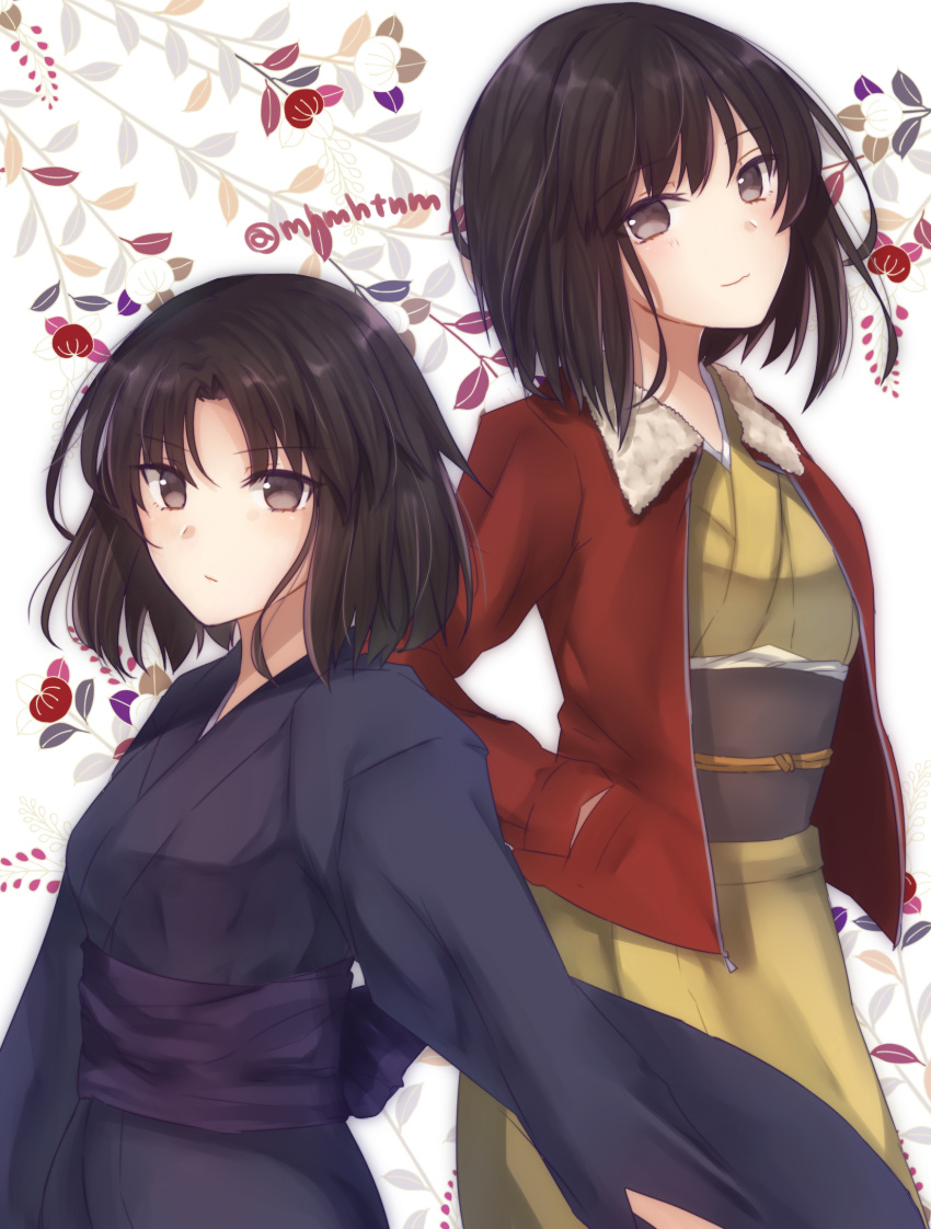 1girl :3 bangs blue_kimono blush brown_eyes brown_hair closed_mouth commentary_request dual_persona eyebrows_visible_through_hair hands_in_pockets head_tilt highres jacket japanese_clothes kara_no_kyoukai kimono long_sleeves looking_at_viewer obi open_clothes open_jacket red_jacket ryougi_shiki sash smile standing tanaji twitter_username