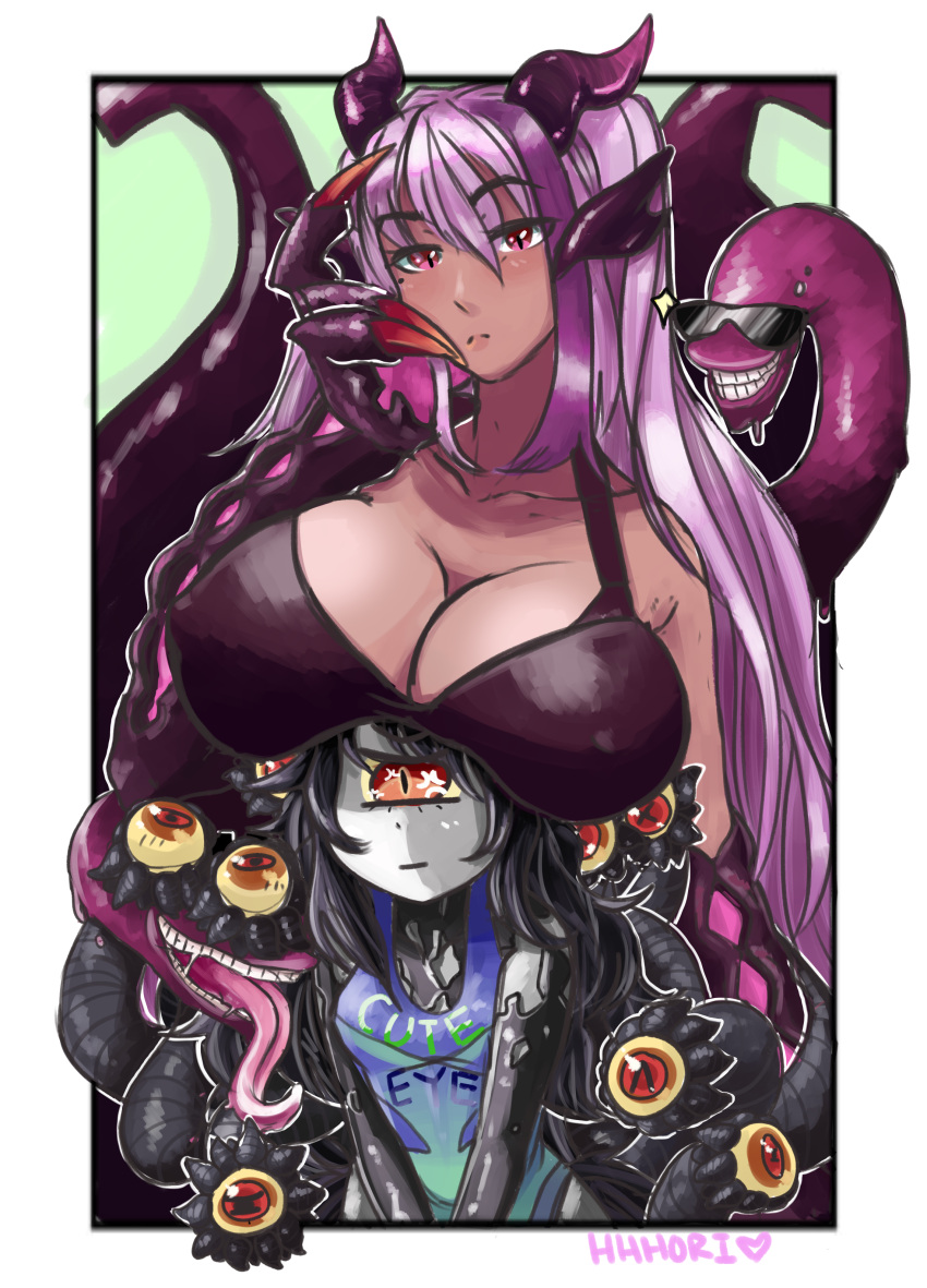 2girls :| absurdres anger_vein animal_ears bare_shoulders black_hair black_shirt blue_shirt breast_envy breast_rest breasts breasts_on_head claws cleavage closed_mouth collarbone curly_hair cyclops dragon_girl dragon_horns extra_eyes extra_mouth eyebrows_visible_through_hair fingernails frame gazer_(monster_girl_encyclopedia) hair_between_eyes hand_on_own_face hhhori highres horns huge_breasts jabberwock_(monster_girl_encyclopedia) jitome lavender_hair long_hair long_tongue looking_at_viewer monster_girl monster_girl_encyclopedia multiple_girls one-eyed pink_eyes ponytail raised_eyebrows red_eyes sharp_fingernails shirt short_sleeves signature slime slit_pupils small_breasts sparkle standing sunglasses tentacle tongue tongue_out white_skin yellow_sclera