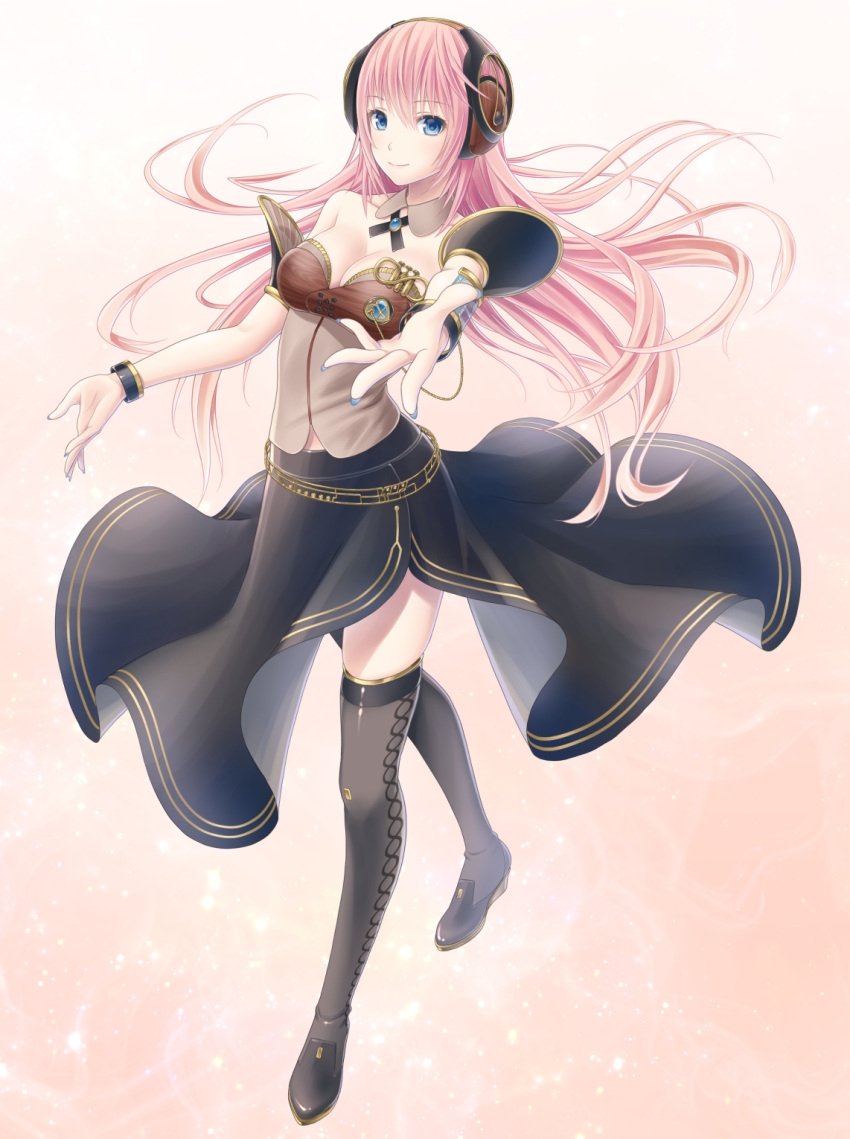 1girl arm_strap asami_(undoundo) black_footwear black_skirt blue_eyes blue_nails boots breasts choker cleavage eyebrows_visible_through_hair floating_hair full_body hair_between_eyes headphones highres long_hair looking_at_viewer medium_breasts megurine_luka_(vocaloid4) nail_polish pink_background pink_hair simple_background skirt smile solo standing strapless thigh-highs thigh_boots very_long_hair vocaloid wrist_cuffs