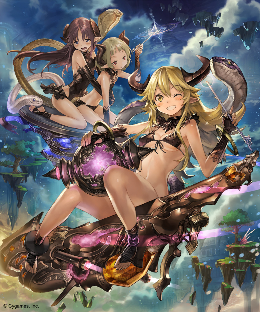 10s 3girls ;d barefoot black_bikini_top black_gloves black_leotard black_panties blonde_hair blue_eyes breasts bridal_gauntlets brown_hair cleavage detach_sleeves elbow_gloves ezusuke feet flat_chest floating_hair floating_island front-bikini gloves highres horns leotard long_hair medium_breasts multiple_girls one_eye_closed open_mouth panties pointy_ears red_eyes shingeki_no_bahamut sideboob sitting smile snake toeless_legwear toes under_boob underwear very_long_hair yellow_eyes