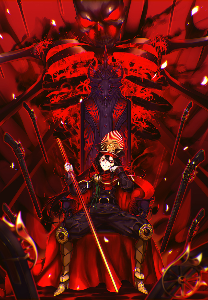1girl antique_firearm black_hair cape evil_smile fate/grand_order fate_(series) firearm gun hand_on_own_face highres long_hair looking_at_viewer michael.r military military_uniform oda_nobunaga_(fate) red_eyes rifle sitting skeleton smile solo sword throne uniform weapon