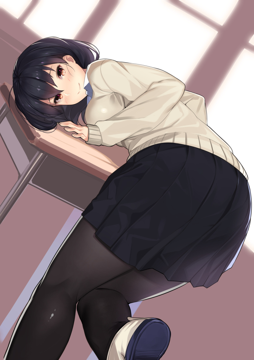 1girl bangs bent_over black_hair black_legwear black_skirt blush brown_eyes classroom closed_mouth desk dutch_angle from_behind highres indoors kagematsuri kneepits looking_at_viewer original pantyhose pleated_skirt school_desk school_uniform shirt shoes short_hair skirt sleeves_past_wrists smile solo sweater tsurime uwabaki white_shirt window