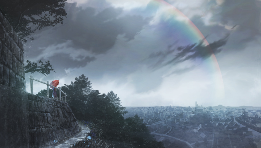 1girl city cityscape clouds cloudy_sky commentary_request day dress from_behind grey_sky highres holding holding_umbrella original outdoors overcast path plant railing rain rainbow red_umbrella road scenery sidewalk sky solo sorakuma_(oycue41) standing tree umbrella