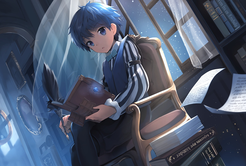 1boy black_legwear black_shorts blue_eyes blue_hair book cocolo_(co_co_lo) crossed_egs dutch_agle highres holding holding_book indoors night open_book open_window shorts sitting sky solo star_(sky) starry_sky