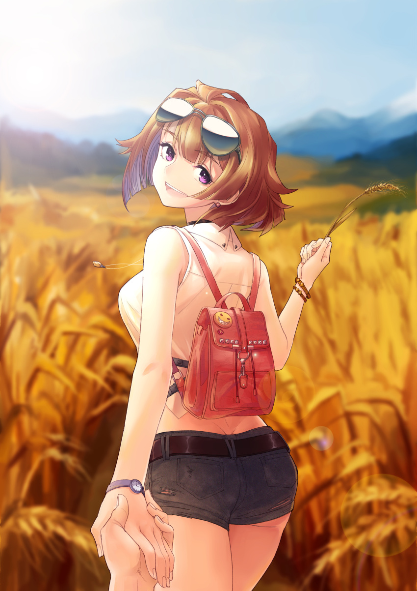 1girl :d absurdres ass belt black_shorts blue_sky bracelet breasts brown_hair ck_(26982497) crop_top day denim denim_shorts earrings from_behind girls_frontline grizzly_mkv_(girls_frontline) hand_holding highres holding jewelry looking_at_viewer looking_back medium_breasts necklace open_mouth outdoors shirt short_hair shorts sky sleeveless sleeveless_shirt smile standing sunglasses sunglasses_on_head thighs violet_eyes watch watch white_shirt