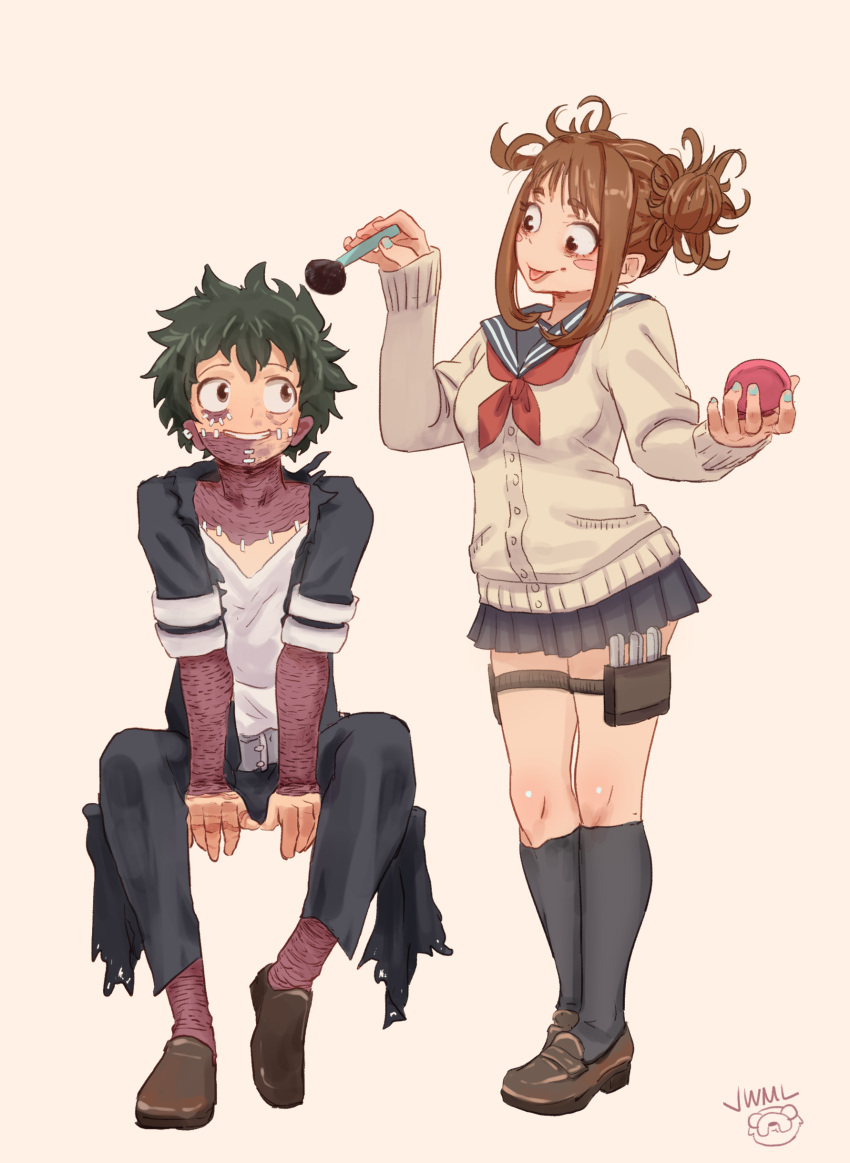 1boy 1girl absurdres bags_under_eyes beige_background belt black_coat black_legwear black_skirt blue_nails blush_stickers boku_no_hero_academia brown_footwear brown_hair burn_scar cardigan cosplay dabi_(boku_no_hero_academia) dabi_(boku_no_hero_academia)_(cosplay) double_bun full_body green_hair highres holding justin_leyva_(steamy_tomato) kneehighs loafers looking_at_another makeup makeup_brush messy_hair midoriya_izuku nail_polish neckerchief pleated_skirt red_ribbon ribbon scar school_uniform shoes short_hair short_sleeves signature simple_background sitting skirt sleeves_folded_up standing stitches toga_himiko toga_himiko_(cosplay) tongue tongue_out torn_clothes uraraka_ochako