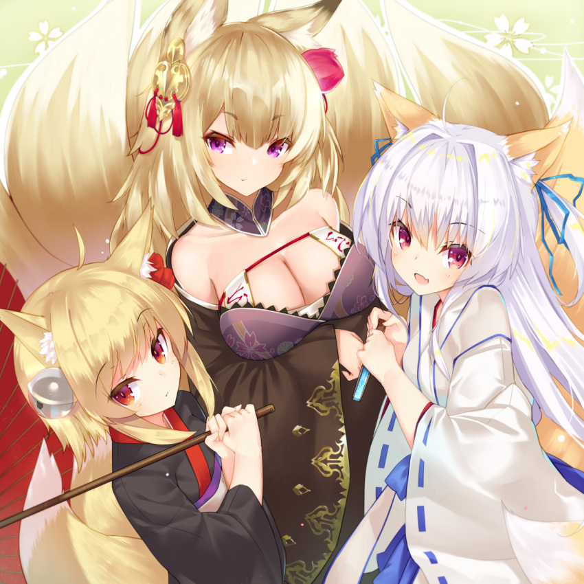 3girls ahoge animal_ears bell blonde_hair blush breast_hold breasts cleavage collarbone fan fang flower folding_fan fox_ears fox_tail from_above hair_bell hair_flower hair_ornament hair_ribbon highres inari_(sennen_sensou_aigis) japanese_clothes jingle_bell kayou_(sennen_sensou_aigis) kimono kyuubi_(sennen_sensou_aigis) large_breasts long_hair looking_at_viewer miko multiple_girls multiple_tails obi open_mouth orange_eyes oriental_umbrella ribbon sash sennen_sensou_aigis short_hair sidelocks silver_hair tail two_side_up umbrella violet_eyes wide_sleeves yki