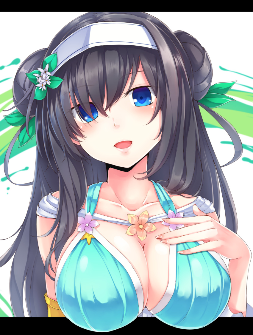 1girl armlet black_hair blue_eyes blush breasts cleavage collarbone dabadhi double_bun flower hair_flower hair_ornament hair_over_one_eye hairband hand_on_own_chest highres large_breasts letterboxed long_hair looking_at_viewer open_mouth rinne_(sennen_sensou_aigis) sennen_sensou_aigis solo upper_body