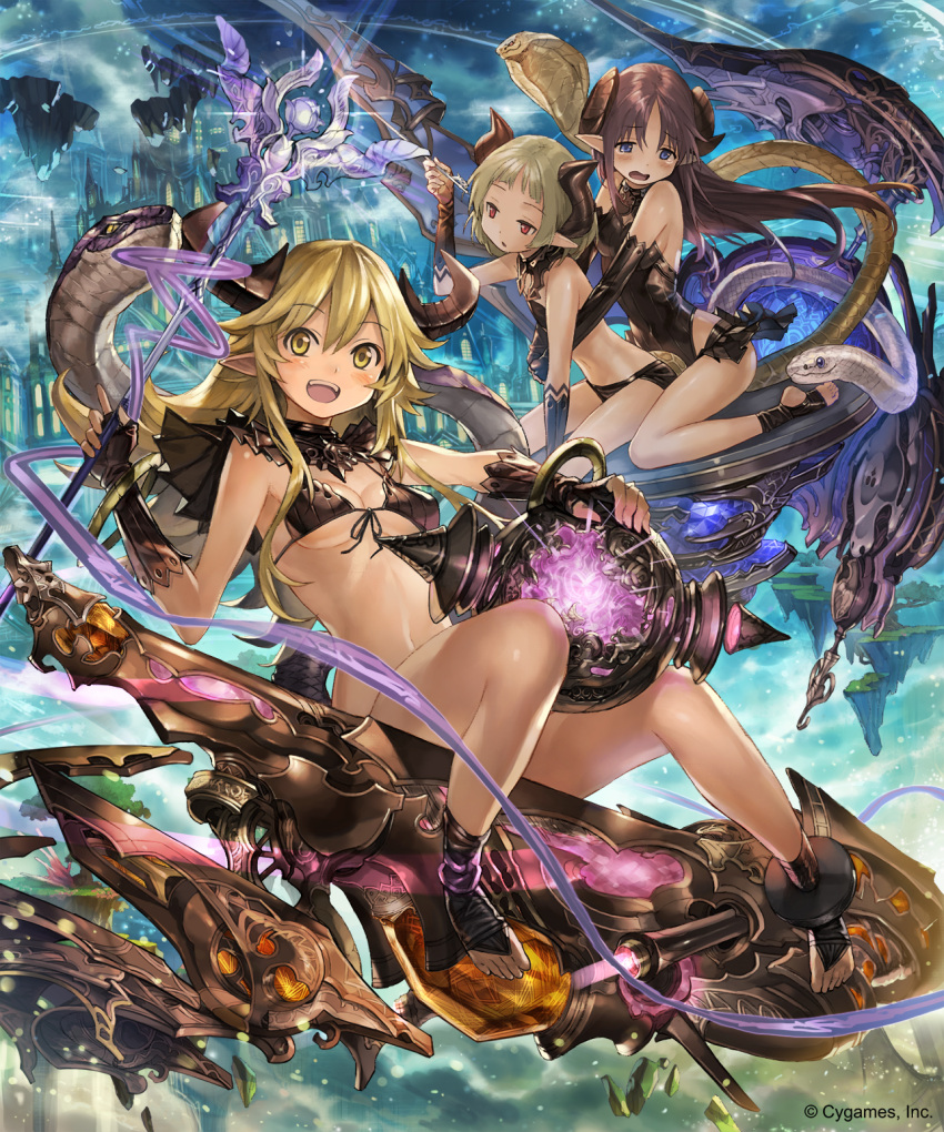 10s 3girls :d bare_shoulders black_bikini_to black_gloves black_panties blonde_hair breasts brown_eyes brown_hair capelet cleavage elbow_gloves eyebrows_visible_through_hair ezusuke flat_chest floating_hair floating_island front-tie_bikini front-tie_top gloves hair_between_eyes highres holding holding_staff horns index_finger_raised long_hair medium_breasts midriff multiple_girls navel nlack_leotard open_mouth panties pointy_ears red_eyes shingeki_no_bahamut sideboob sitting smile snake staff stomach under_boob underwear very_long_hair yellow_eyes