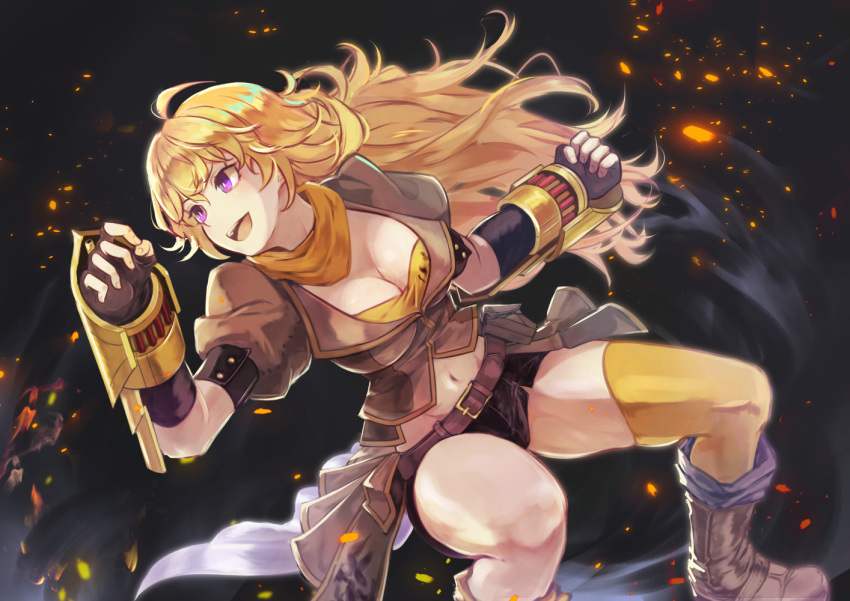 1girl :d ahoge black_gloves black_shorts blonde_hair brat breasts brown_jacket buckle cleavage ember_celica_(rwby) fingerless_gloves gauntlets gloves large_breasts long_hair looking_away navel open_mouth orange_scarf puffy_short_sleeves puffy_sleeves rwby scarf short_sleeves shorts smile solo sparks strapless tubetop violet_eyes waist_cape yang_xiao_long