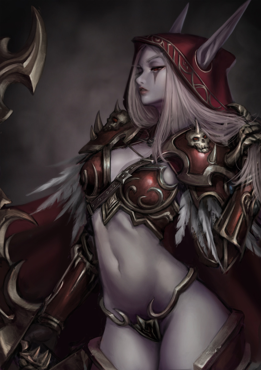 1girl armor between_breasts bikini_armor boots bow_(weapon) breasts elbow_gloves elf gloves highres holding holding_weapon hood jungon_kim long_hair looking_away makeup md5_mismatch navel pale_skin parted_lips pointy_ears profile red_eyes skull small_breasts solo sylvanas_windrunner thigh-highs thigh_boots thong warcraft weapon white_hair world_of_warcraft