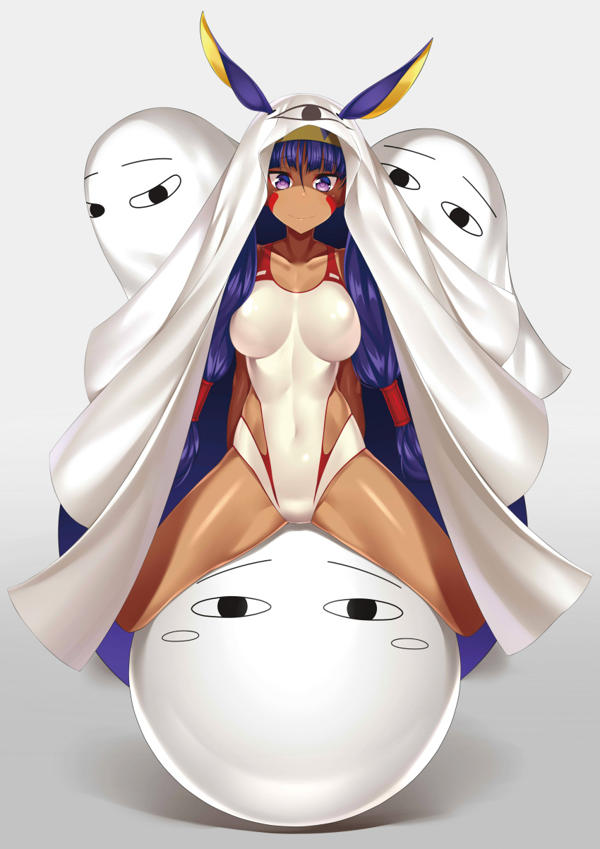 1girl absurdres animal_ears bangs blanket blush_stickers breasts closed_mouth collarbone commentary_request competition_swimsuit covered_navel dark_skin eyebrows_visible_through_hair eyeliner facial_mark fate/grand_order fate_(series) full_body grey_background hair_between_eyes hair_tubes hairband highres large_breasts long_hair looking_at_viewer makeup nitocris_(fate/grand_order) nitocris_(swimsuit_assassin)_(fate) one-piece_swimsuit purple_hair shiny shiny_clothes shiny_hair shiny_skin simple_background smile solo straddling swimsuit thighs very_long_hair violet_eyes wa_to_su white_swimsuit yellow_hairband