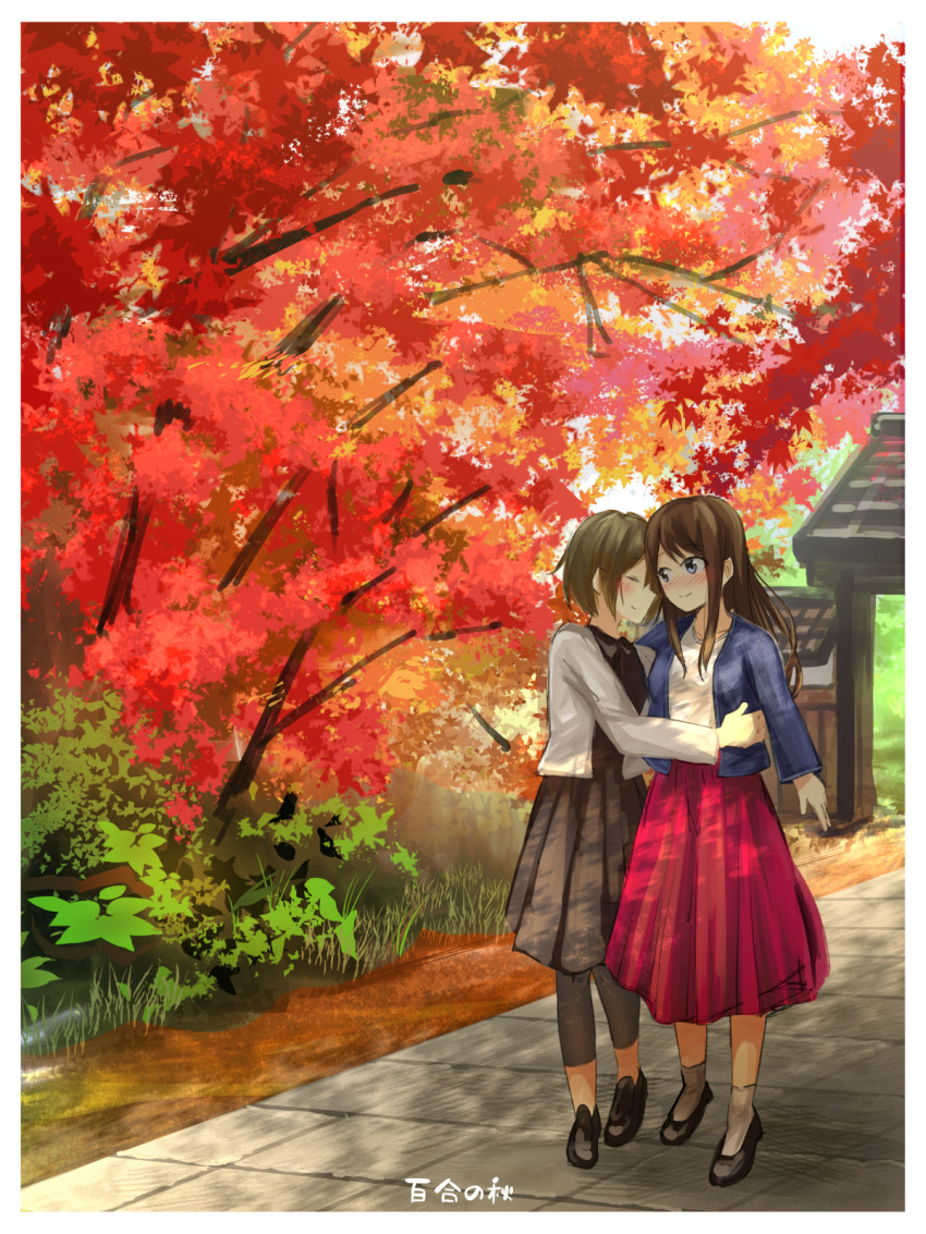 2girls autumn autumn_leaves black_footwear blue_eyes blush brown_dress brown_hair capri_pants closed_eyes commentary couple dappled_sunlight day denim denim_jacket dress grass head_to_head highres hug jacket loafers long_hair looking_at_another multiple_girls open_clothes open_jacket original outdoors pants red_skirt ringocha_(appleteatea) shoes short_hair side_glance sidelocks sketch skirt smile socks stone_walkway sunlight temple_gate tree walking yuri