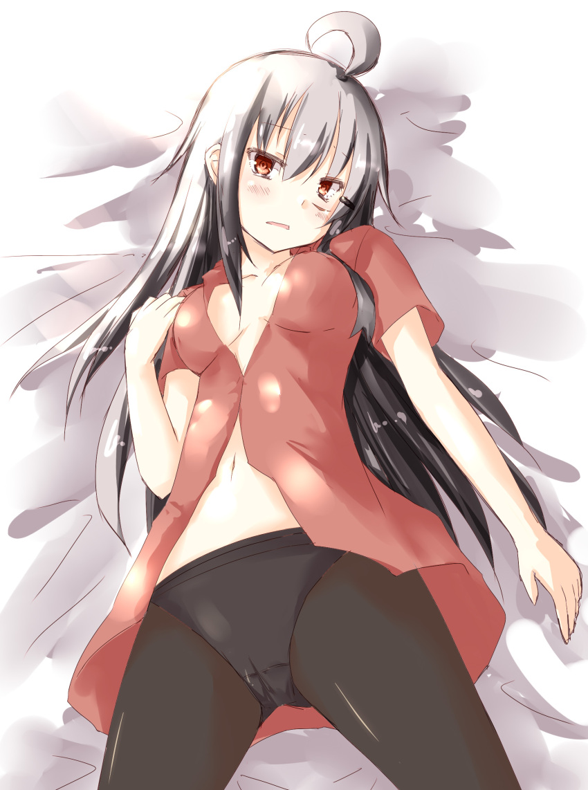 10s 1girl absurdres ahoge blush breasts gangut_(kantai_collection) grey_hair hair_between_eyes highres kantai_collection long_hair looking_at_viewer lying medium_breasts no_hat no_headwear no_jacket on_back open_mouth panties pantyhose red_eyes red_shirt rits_(single_type) scar scar_on_cheek shirt solo underwear undressing white_background