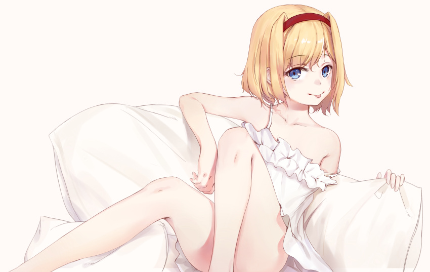 1girl :p absurdres alice_margatroid bangs bare_arms bare_legs bare_shoulders barefoot blonde_hair blue_eyes collarbone commentary_request dress eyebrows_visible_through_hair eyelashes fei_mao flat_chest hair_intakes hairband highres ke-ta_(style) looking_at_viewer pillow red_hairband short_dress short_hair sideways_glance simple_background sitting sleeveless sleeveless_dress smile solo spaghetti_strap strap_slip tongue tongue_out touhou white_dress