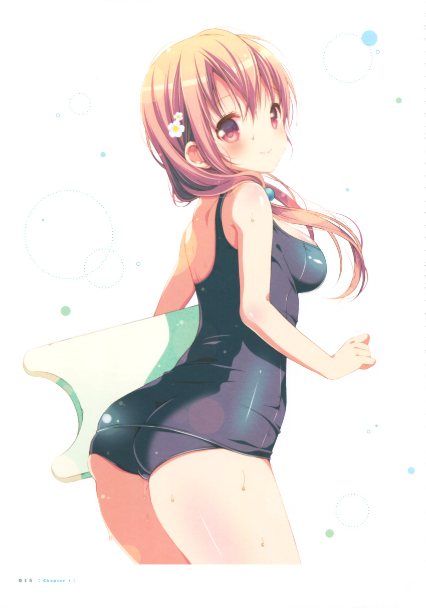 1girl absurdres black_swimsuit breasts brown_hair cowboy_shot floating_hair flower hair_between_eyes hair_bobbles hair_flower hair_ornament highres hinako_note long_hair looking_at_viewer looking_back medium_breasts mitsuki_(mangaka) page_number red_eyes sakuragi_hinako school_swimsuit shiny shiny_clothes shiny_skin simple_background smile solo standing swimsuit twintails white_background white_flower