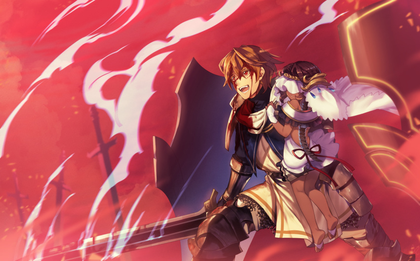 1boy 1girl :d armor aura bangs blood blood_on_face breastplate brown_hair carrying dress faulds greaves hair_between_eyes hazuki_gean highres holding holding_sword holding_weapon legs_apart long_hair looking_at_viewer open_mouth pixiv_fantasia pixiv_fantasia_revenge_of_the_darkness red_eyes shield smile standing sword veil weapon white_dress