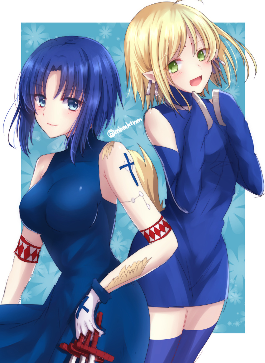 2girls absurdres bare_shoulders black_keys blonde_hair blue_dress blue_eyes blue_hair blue_legwear blush breasts ciel closed_mouth cowboy_shot cross dress earrings elbow_gloves eyebrows_visible_through_hair facial_mark forehead_mark gloves green_eyes highres holding holding_weapon hooves jewelry kagetsu_tooya large_breasts legband multiple_girls nanako_(melty_blood) pointy_ears short_dress sleeveless sleeveless_dress smile tanaji thigh-highs tsukihime twitter_username weapon